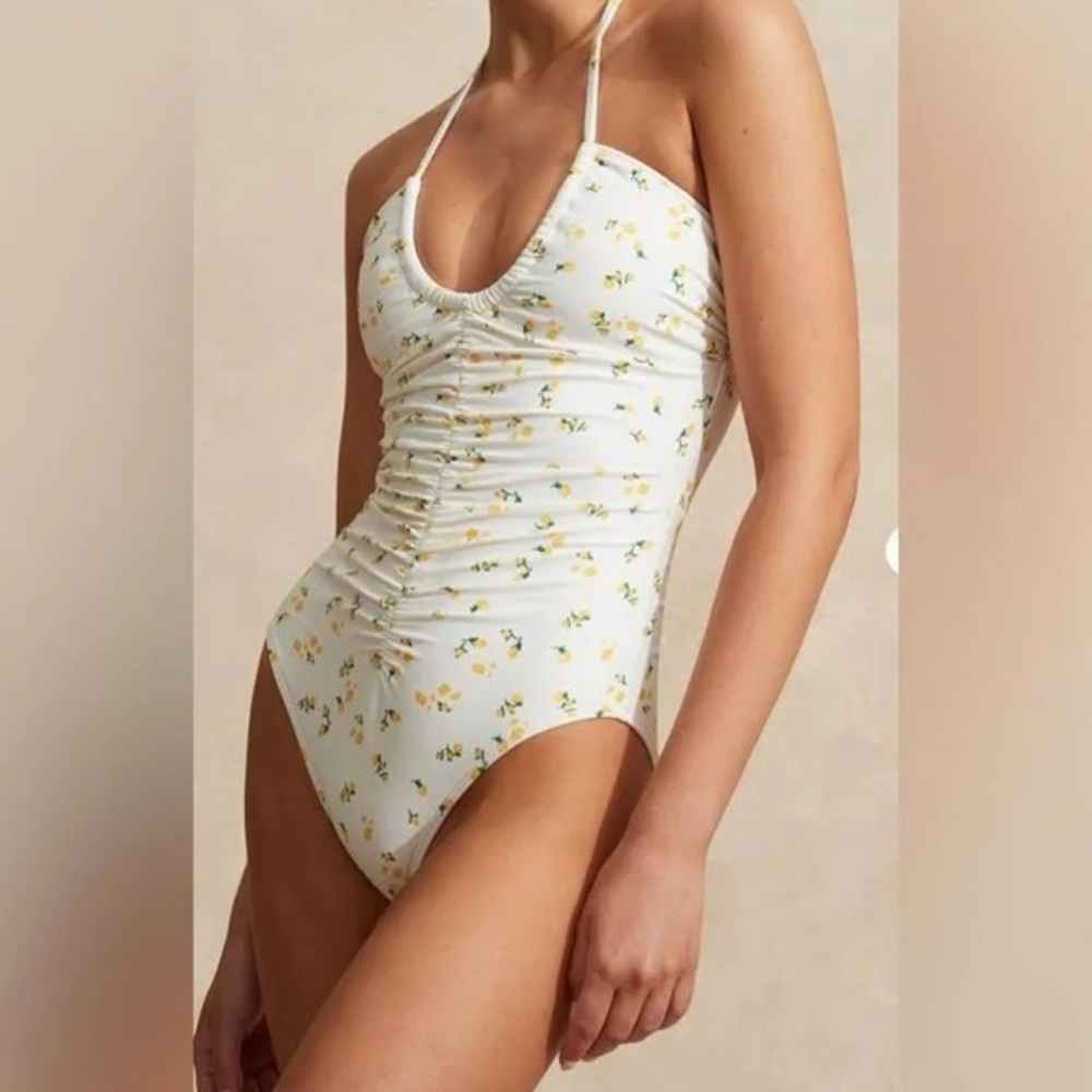 PEONY white & yellow Limonata Ruched Vacation One Piece  swimsuit - NWT - size S
